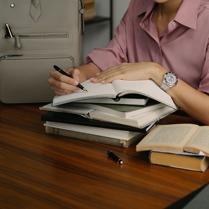 Woman writing in a notebook with a Montblanc pen