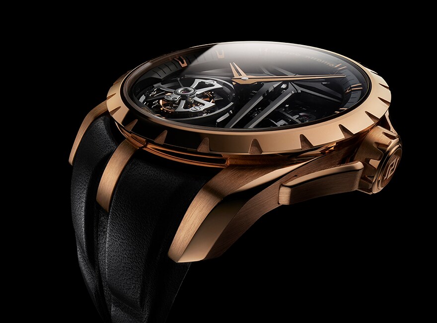 Roger Dubuis watch with black bracelet on a black background